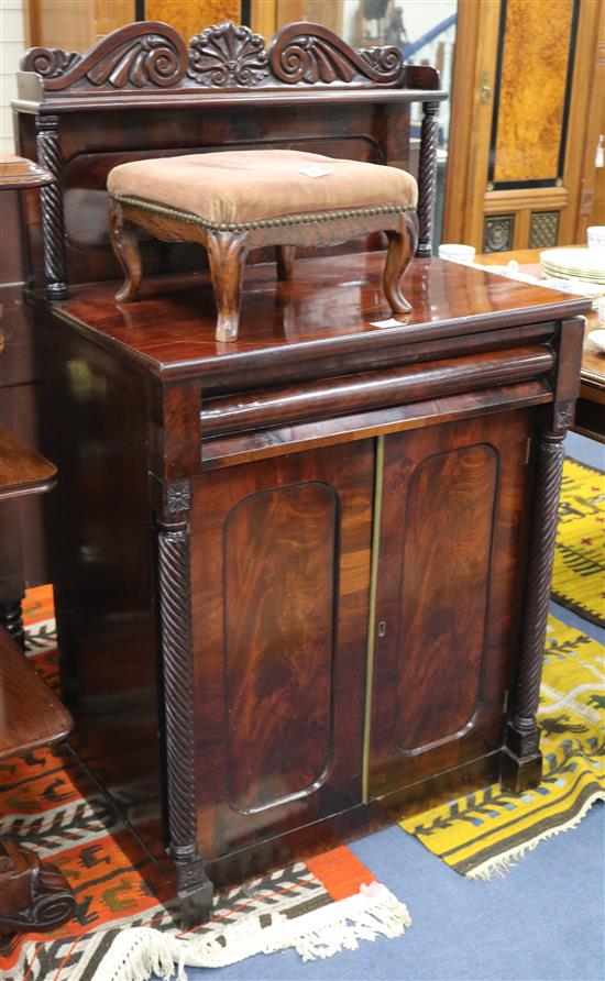 A George IV mahogany chiffonier, with raised panel to the back, open shelf, moulded frieze drawer and two W.75cm